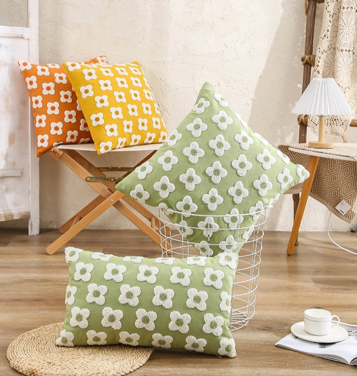 Embroidered Cotton Cushion Cover with Daisy Design and Concealed Zip