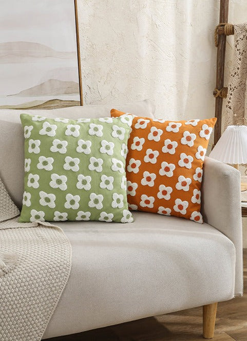 Embroidered Cotton Cushion Cover with Daisy Design and Concealed Zip