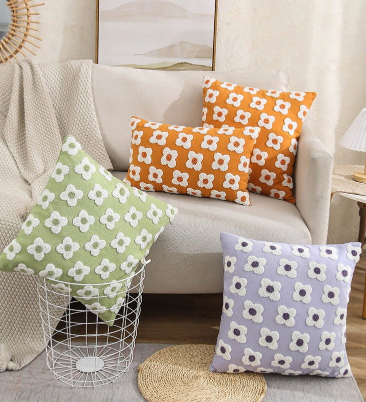 Embroidered Cotton Cushion Cover with Daisy Design and Concealed Zip