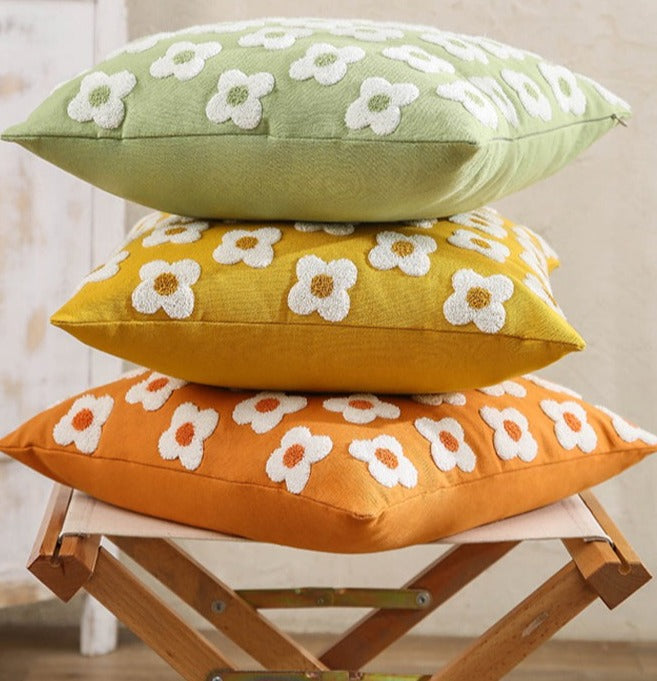 Embroidered Cotton Cushion Cover with Daisy Design and Concealed Zip