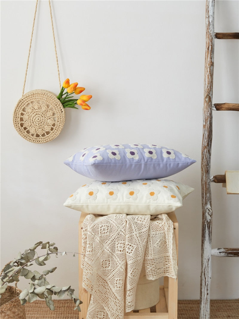 Embroidered Cotton Cushion Cover with Daisy Design and Concealed Zip