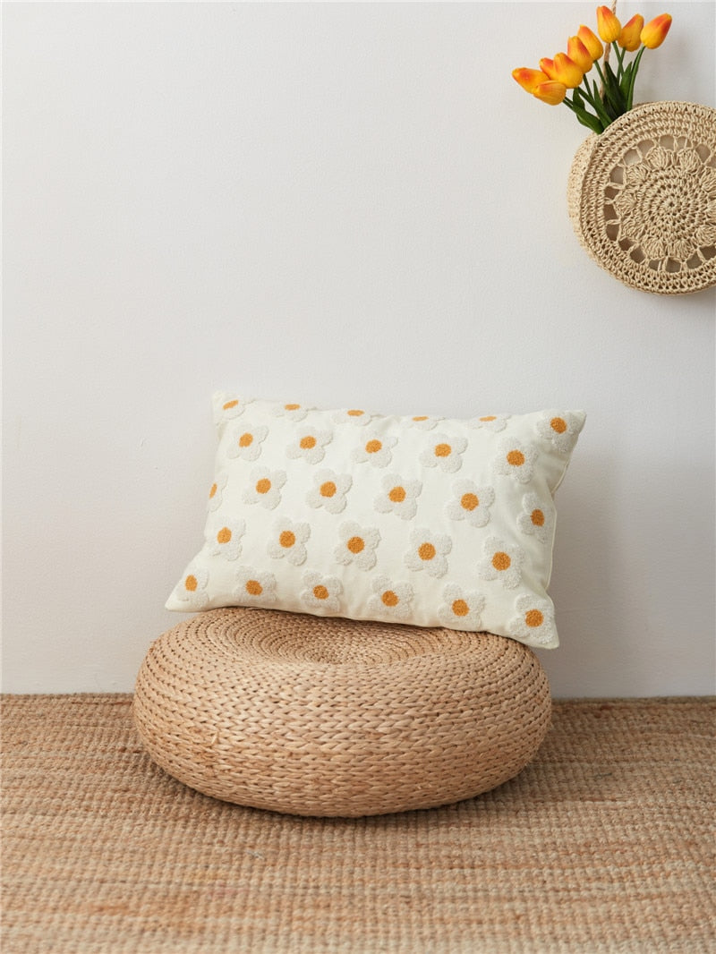 Embroidered Cotton Cushion Cover with Daisy Design and Concealed Zip