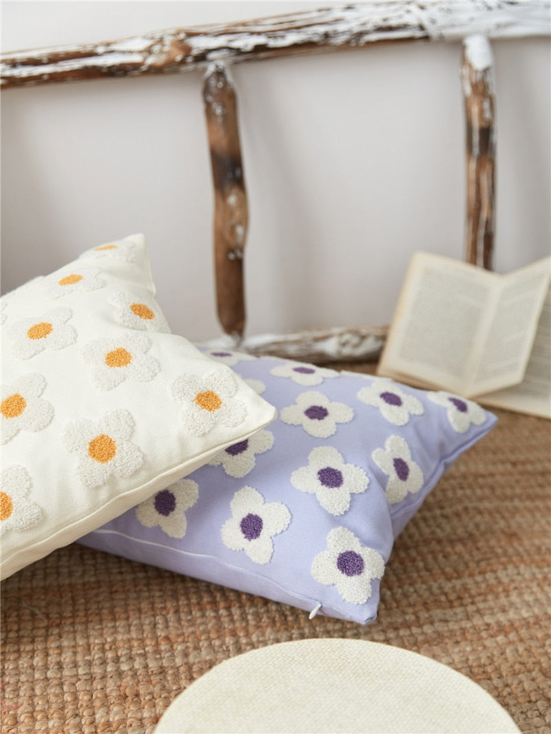 Embroidered Cotton Cushion Cover with Daisy Design and Concealed Zip