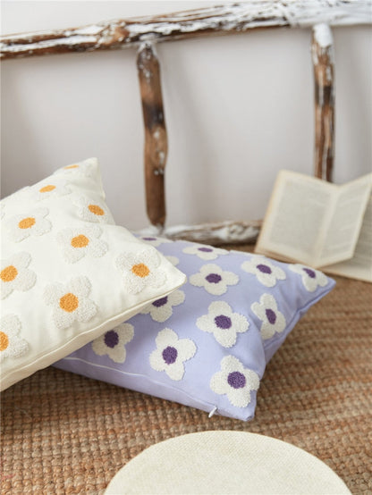 Embroidered Cotton Cushion Cover with Daisy Design and Concealed Zip