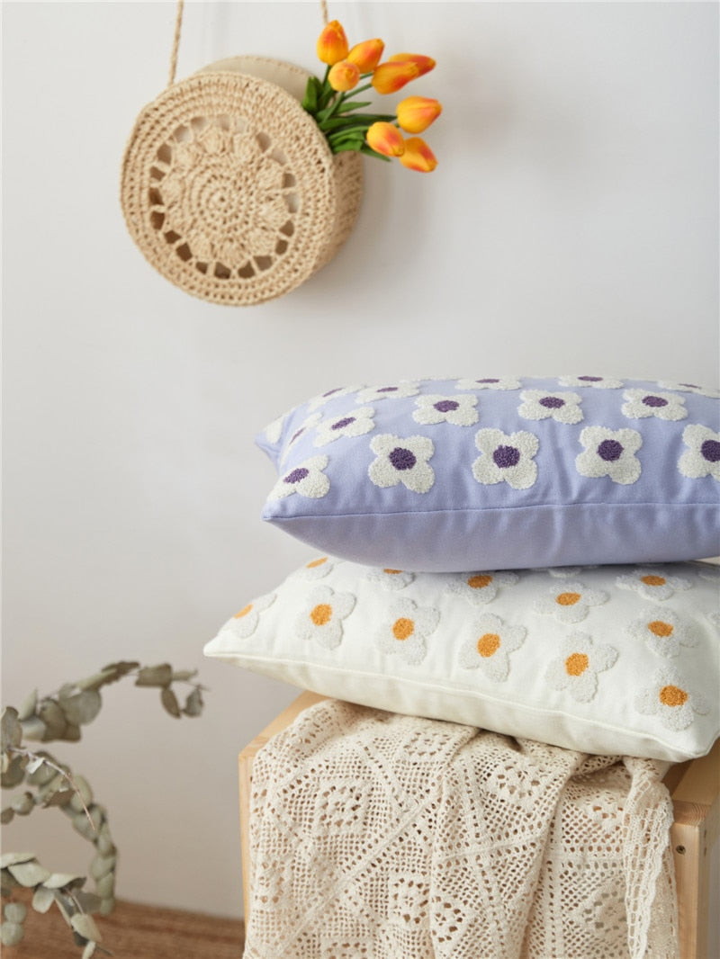 Embroidered Cotton Cushion Cover with Daisy Design and Concealed Zip