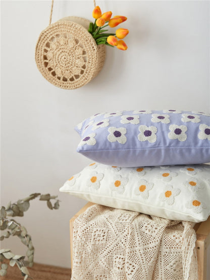 Embroidered Cotton Cushion Cover with Daisy Design and Concealed Zip