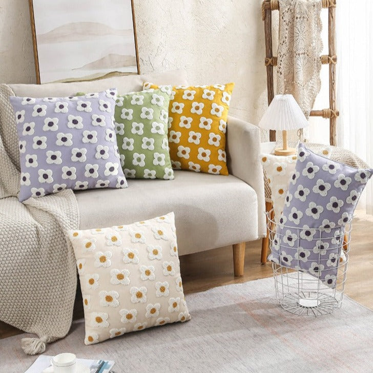 Embroidered Cotton Cushion Cover with Daisy Design and Concealed Zip