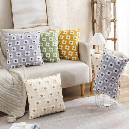 Embroidered Cotton Cushion Cover with Daisy Design and Concealed Zip