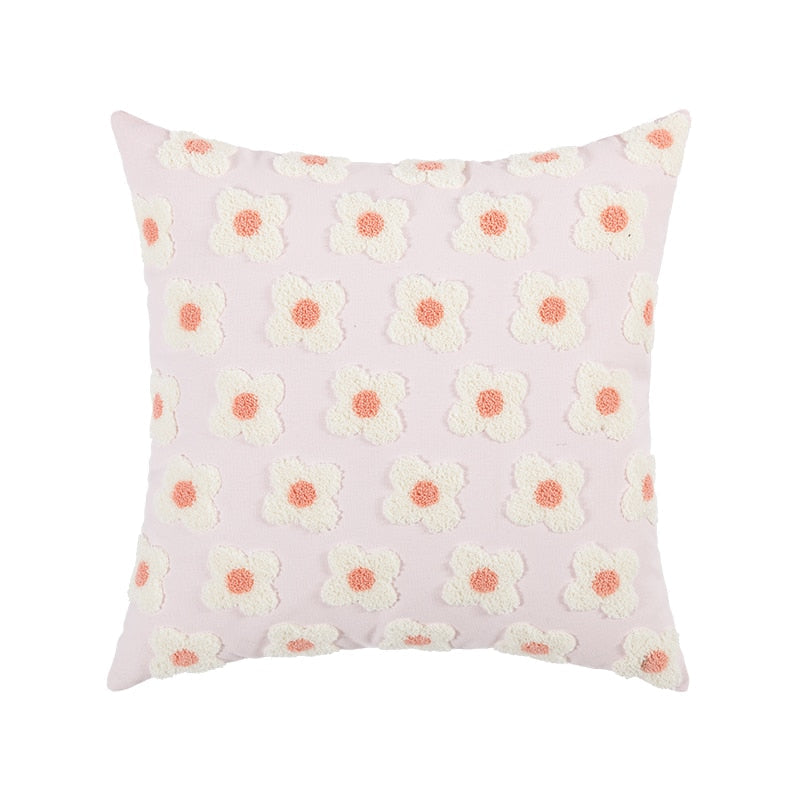 Embroidered Cotton Cushion Cover with Daisy Design and Concealed Zip