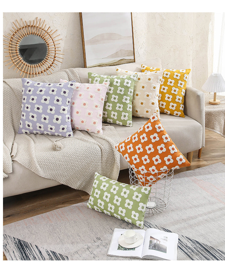 Embroidered Cotton Cushion Cover with Daisy Design and Concealed Zip