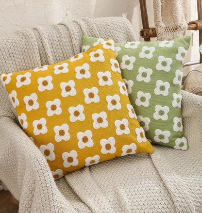 Embroidered Cotton Cushion Cover with Daisy Design and Concealed Zip