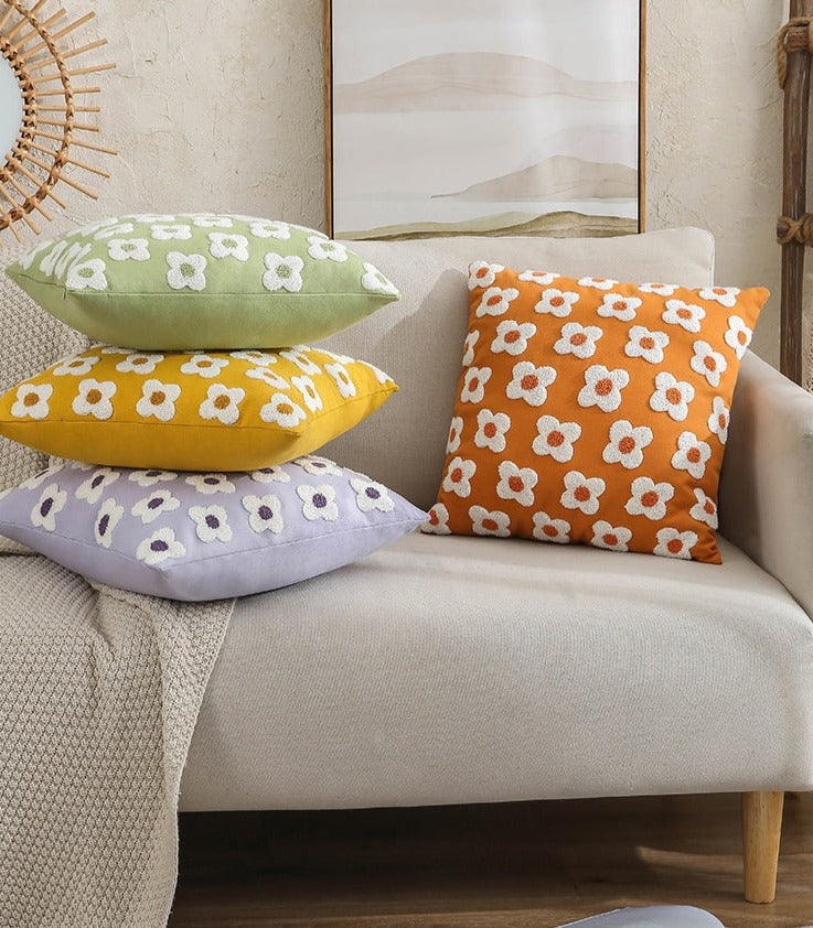 Embroidered Cotton Cushion Cover with Daisy Design and Concealed Zip