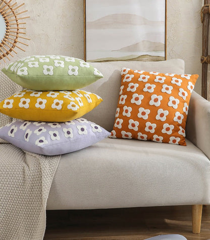 Embroidered Cotton Cushion Cover with Daisy Design and Concealed Zip