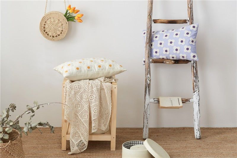 Embroidered Cotton Cushion Cover with Daisy Design and Concealed Zip