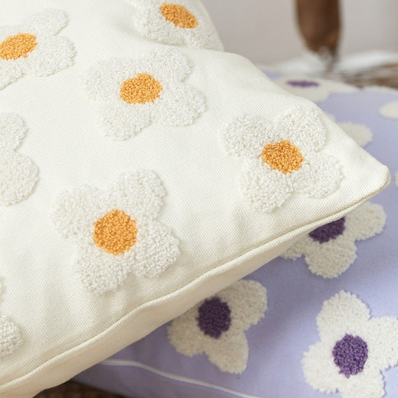 Embroidered Cotton Cushion Cover with Daisy Design and Concealed Zip