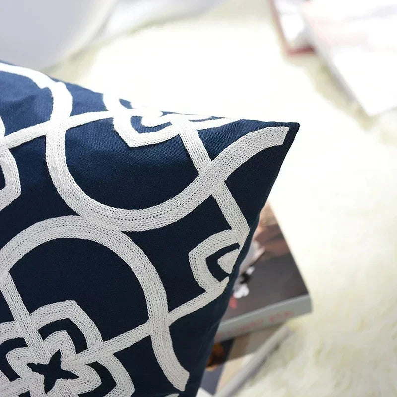 Embroidered Cushion Cover with Timeless Quatrefoil Pattern