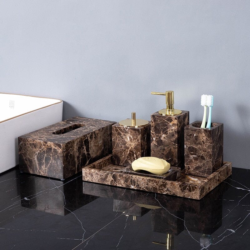 Emperador Dark Marble Bathroom Set with Soap Dispenser, Tray, Tissue Box and Toothbrush Holder