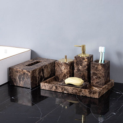 Emperador Dark Marble Bathroom Set with Soap Dispenser, Tray, Tissue Box and Toothbrush Holder