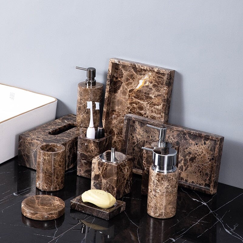 Emperador Dark Marble Bathroom Set with Soap Dispenser, Tray, Tissue Box and Toothbrush Holder