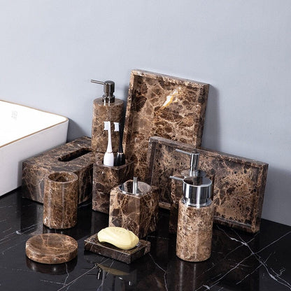 Emperador Dark Marble Bathroom Set with Soap Dispenser, Tray, Tissue Box and Toothbrush Holder