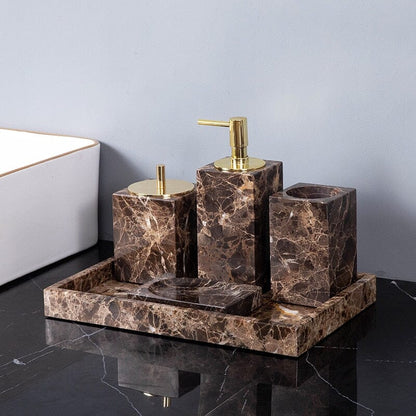 Emperador Dark Marble Bathroom Set with Soap Dispenser, Tray, Tissue Box and Toothbrush Holder