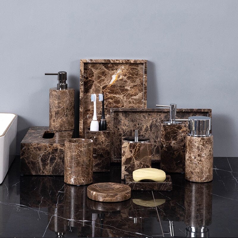 Emperador Dark Marble Bathroom Set with Soap Dispenser, Tray, Tissue Box and Toothbrush Holder