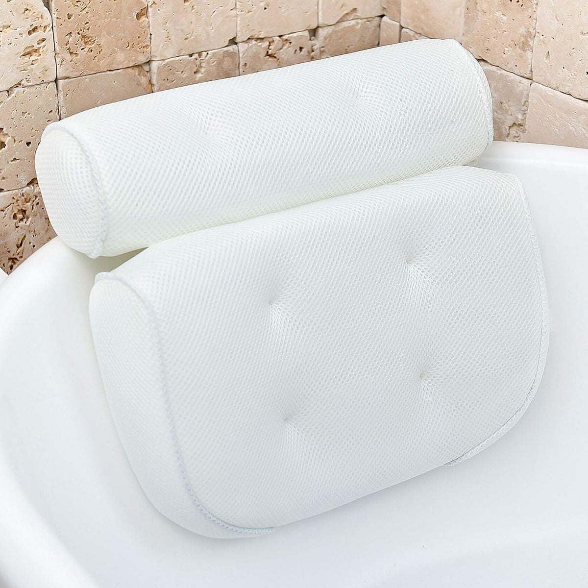 Ergonomic Bath Pillow – Supportive 3D Mesh Cushion with Non Slip Suction Cups