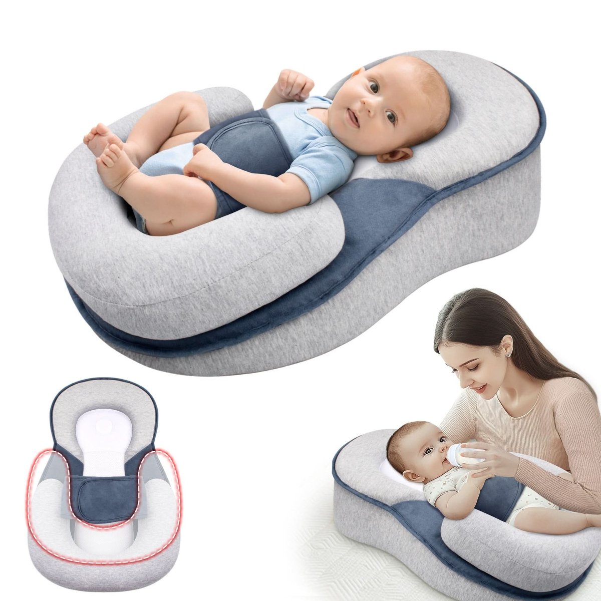 Ergonomic Infant Positioning Pillow with 100% Cotton Cover and Adjustable Safety Strap