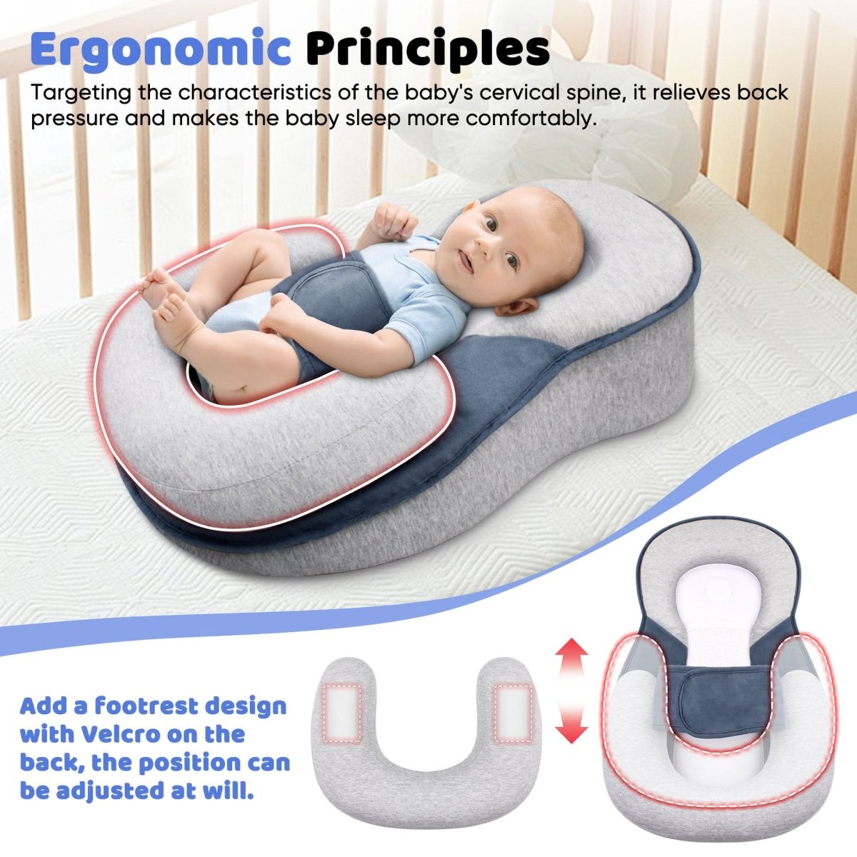 Ergonomic Infant Positioning Pillow with 100% Cotton Cover and Adjustable Safety Strap
