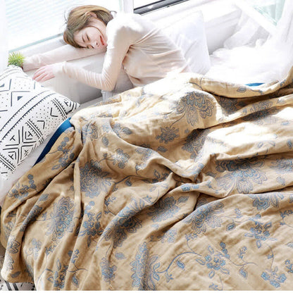 Five-Layer Cotton Gauze Blanket with Jacquard Floral Pattern