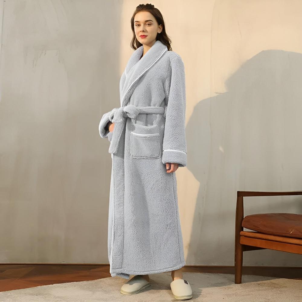Flannel Fleece Bathrobe – Soft Shawl Collar Robe with Deep Pockets and Adjustable Waist