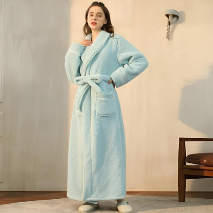 Flannel Fleece Bathrobe – Soft Shawl Collar Robe with Deep Pockets and Adjustable Waist