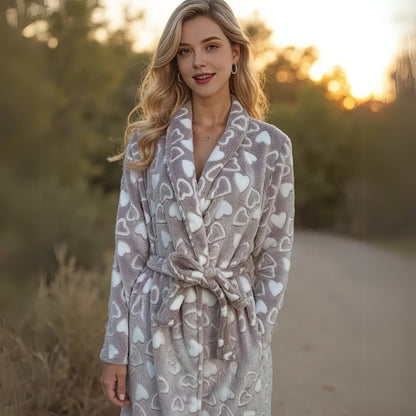 Flannel Fleece Bathrobe with Shawl Collar, Two Pockets and Adjustable Belt