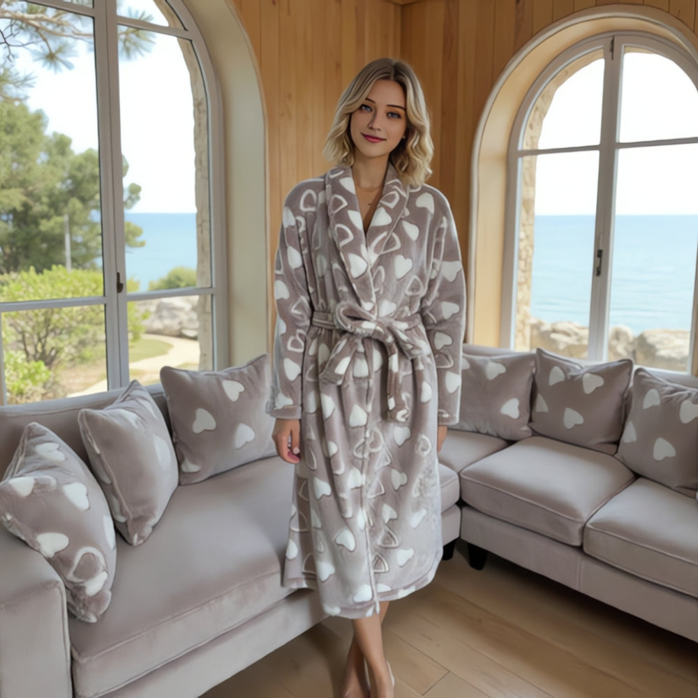 Flannel Fleece Bathrobe with Shawl Collar, Two Pockets and Adjustable Belt
