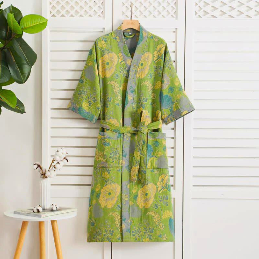 Floral Cotton Kimono Robe with Lightweight Double-Layer Gauze