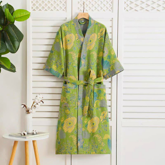 Floral Cotton Kimono Robe with Lightweight Double-Layer Gauze