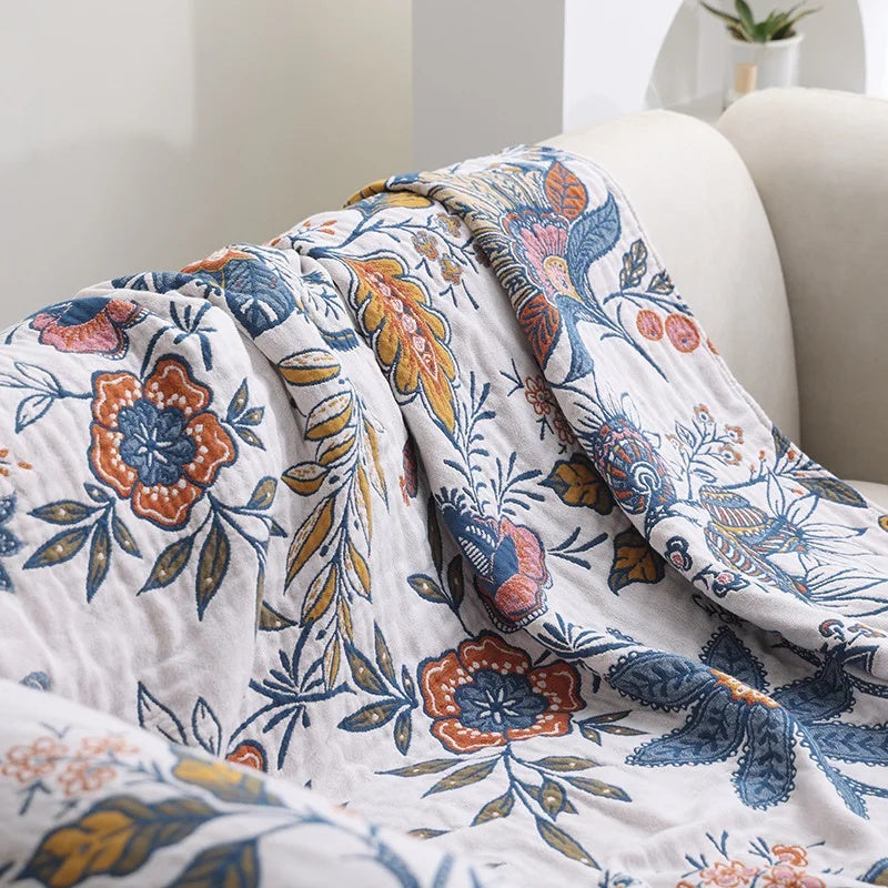 Floral Jacquard Cotton Throw – Reversible Blanket with Decorative Fringed Edges