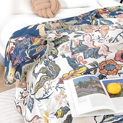 Floral Jacquard Cotton Throw – Reversible Blanket with Decorative Fringed Edges