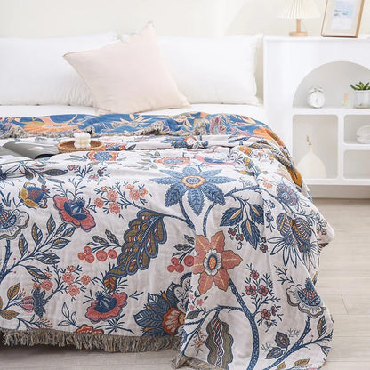 Floral Jacquard Cotton Throw – Reversible Blanket with Decorative Fringed Edges