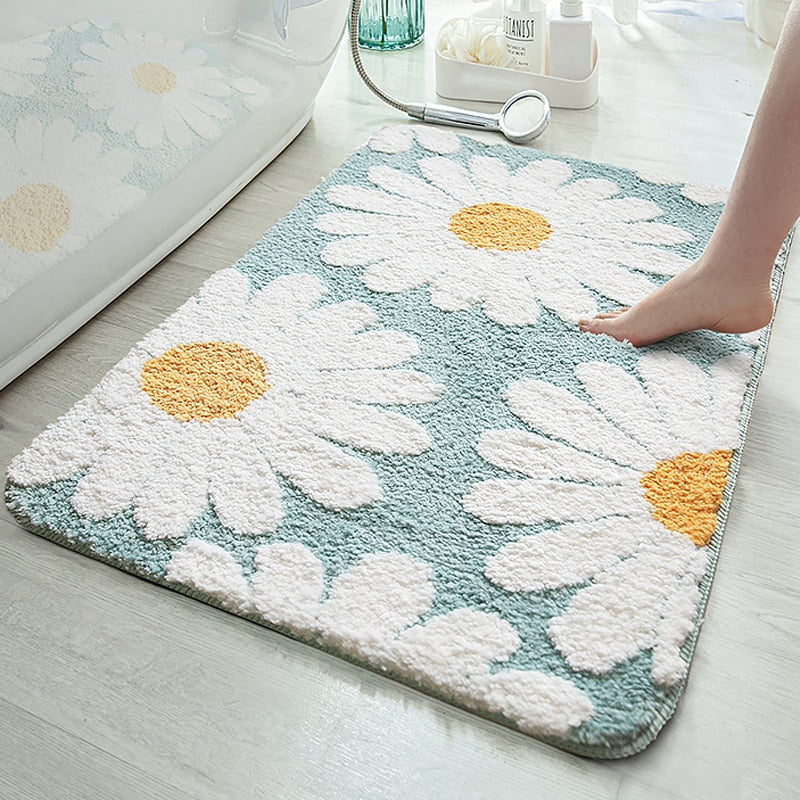 Floral Polyester Bath Mat with Soft Textured Pile and Non-Slip Backing