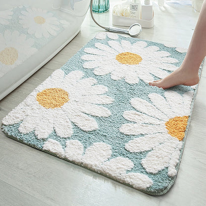 Floral Polyester Bath Mat with Soft Textured Pile and Non-Slip Backing