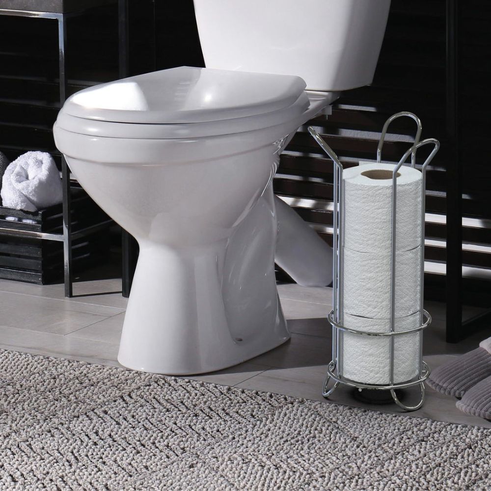 Freestanding Chrome Toilet Roll Holder – Iron Bathroom Storage Stand for 3 Spare Rolls