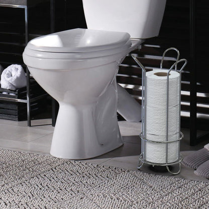 Freestanding Chrome Toilet Roll Holder – Iron Bathroom Storage Stand for 3 Spare Rolls