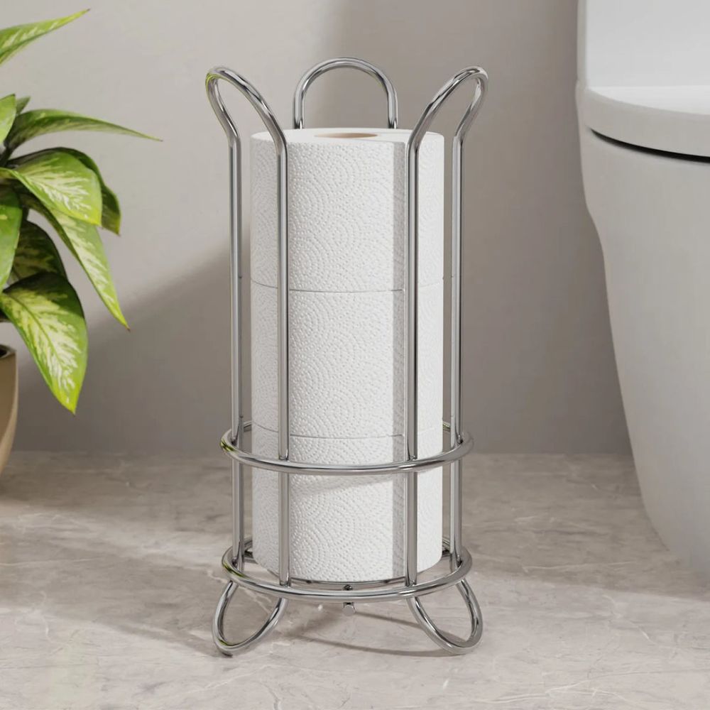 Freestanding Chrome Toilet Roll Holder – Iron Bathroom Storage Stand for 3 Spare Rolls