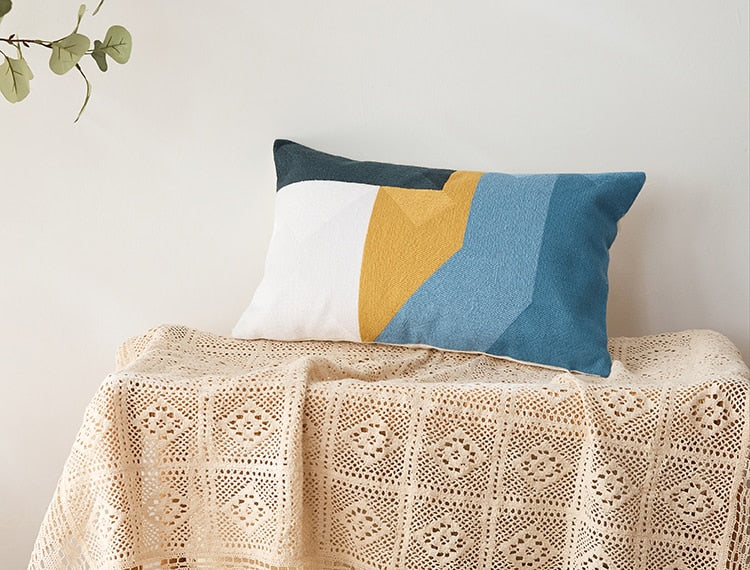 Geometric Embroidered Cotton Canvas Cushion Cover with Invisible Zip