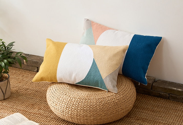 Geometric Embroidered Cotton Canvas Cushion Cover with Invisible Zip