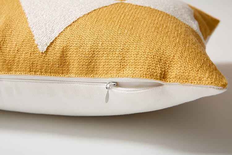 Geometric Embroidered Cotton Canvas Cushion Cover with Invisible Zip
