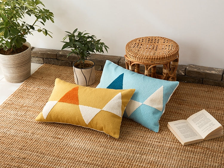 Geometric Embroidered Cotton Canvas Cushion Cover with Invisible Zip