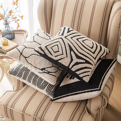 Geometric Embroidered Cushion Cover in Beige and Black