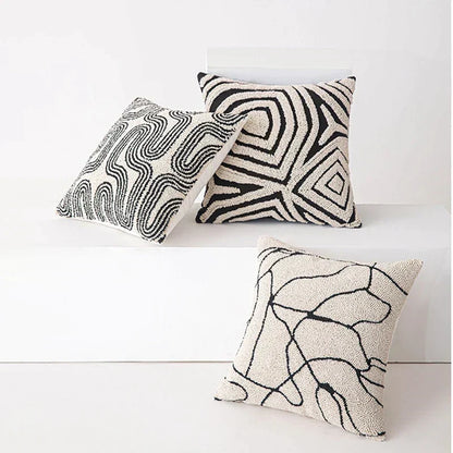 Geometric Embroidered Cushion Cover in Beige and Black
